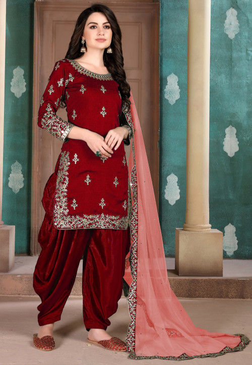 Red Mirror Embroidered Punjabi Suit With Dupatta 4461SL04
