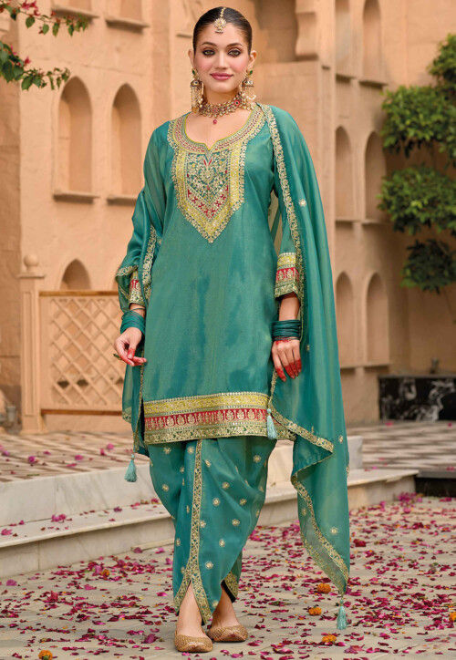 Embroidered Art Silk Punjabi Suit in Teal Green