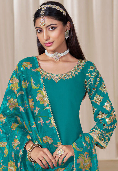 Embroidered Art Silk Punjabi Suit in Turquoise
