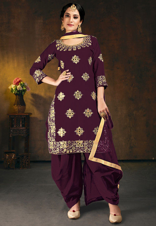 Embroidered Art Silk Punjabi Suit in Wine : KCH6977