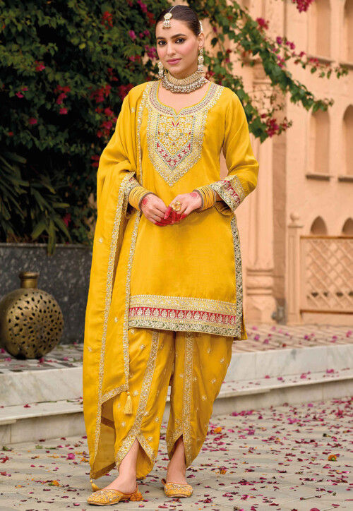 Embroidered Art Silk Punjabi Suit in Yellow