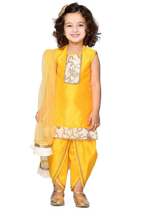 Embroidered Art Silk Punjabi Suit in Yellow