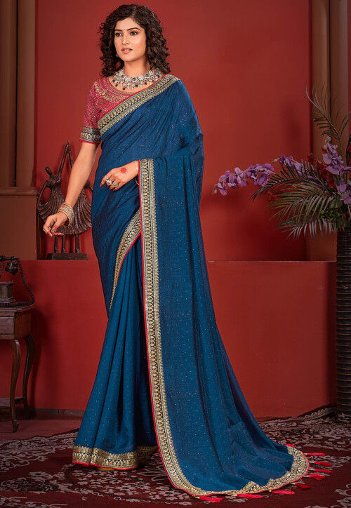 Embellished Art Silk Saree in Blue