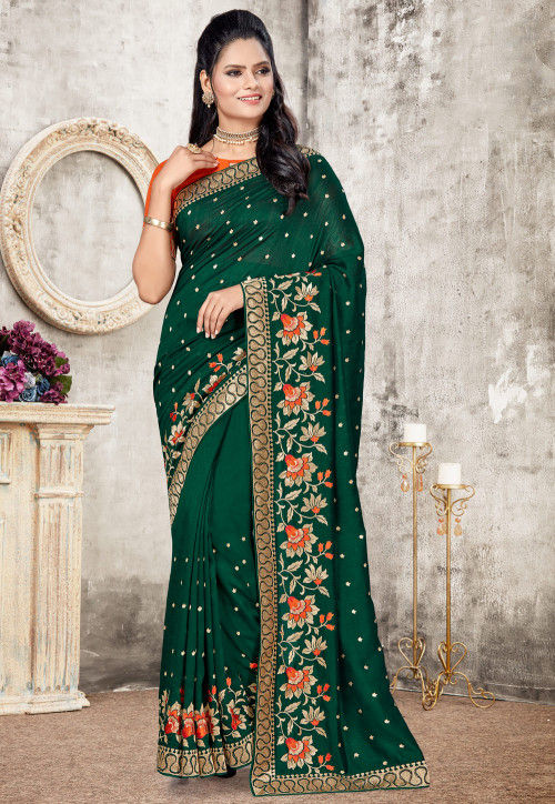 Astonishing Sea Green Color Art Silk Fabric Fancy Work Saree