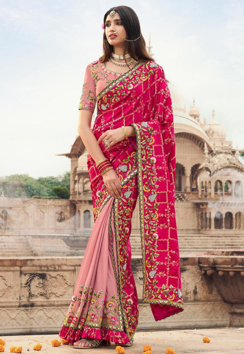 Embroidered Art Silk Saree in Fuchsia and Peach