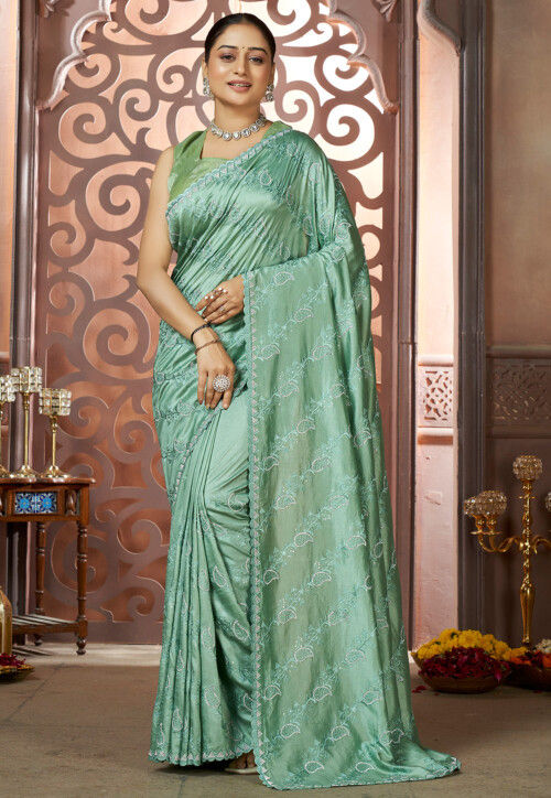 Embroidered Art Silk Saree in Light Green