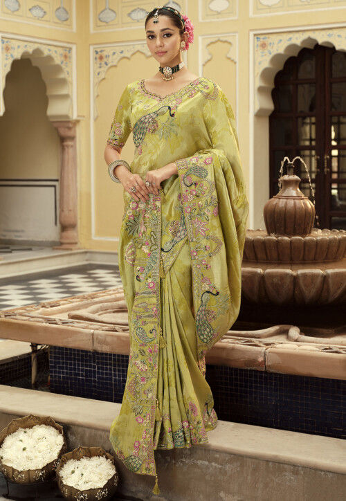 Embroidered Art Silk Saree in Light Green