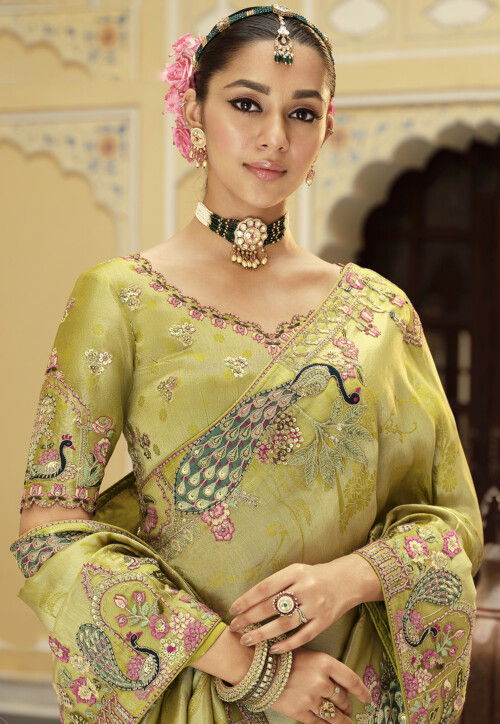 Embroidered Art Silk Saree in Light Green