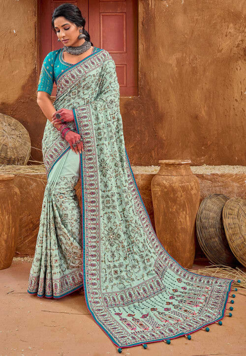 Embroidered Art Silk Saree in Light Green