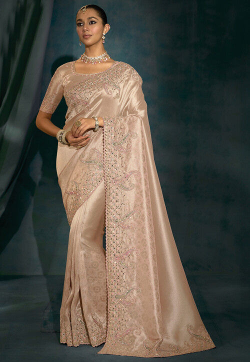 Embroidered Art Silk Saree in Light Peach