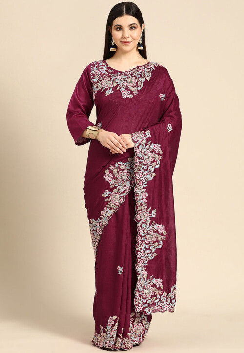 Embroidered Art Silk Saree in Magenta