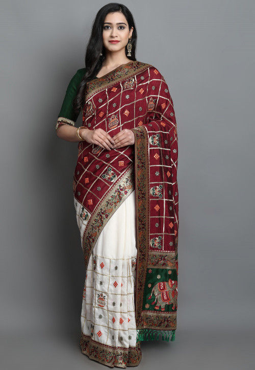 Embroidered Art Silk Saree in Maroon and Off White