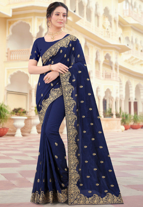 Embroidered Art Silk Saree in Navy Blue
