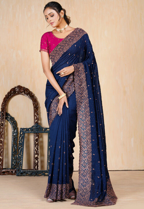 Embroidered Art Silk Saree in Navy Blue