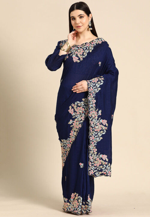 Embroidered Art Silk Saree in Navy Blue