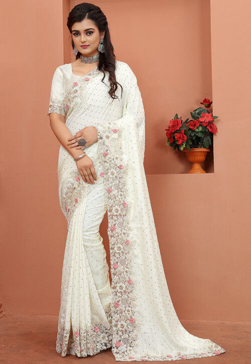 Off White Silk Embroidered Designer Traditional Saree buy online --totobed.com.vn