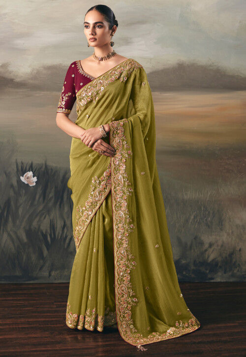 Embroidered Art Silk Saree in Olive Green