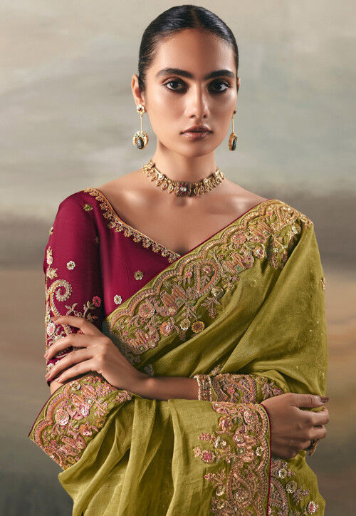 Embroidered Art Silk Saree in Olive Green