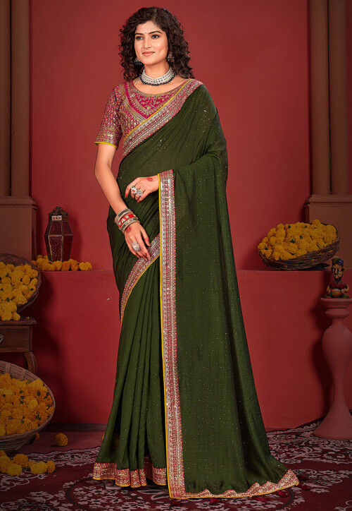Embellished Art Silk Saree in Olive Green