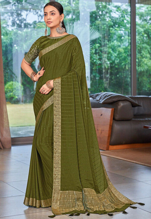 Embroidered Art Silk Saree in Olive Green