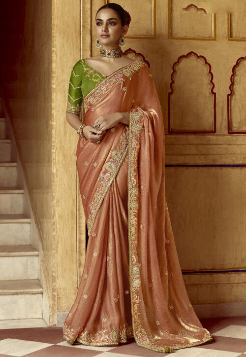 Embroidered Art Silk Saree in Peach