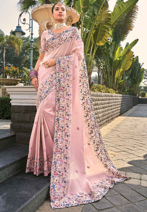 Embroidered Art Silk Saree in Pink