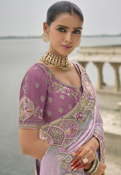 Embroidered Art Silk Jacquard Saree in Purple