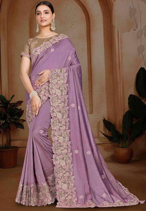 Embroidered Art Silk Saree in Purple