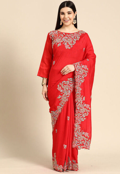 Embroidered Art Silk Saree in Red