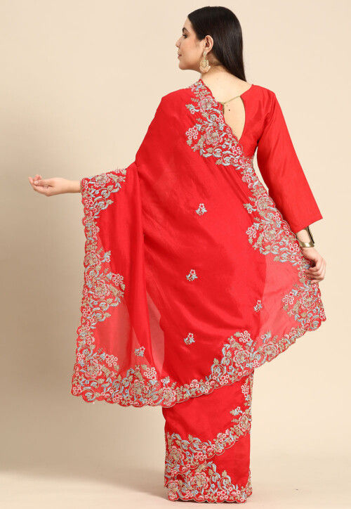 Embroidered Art Silk Saree in Red