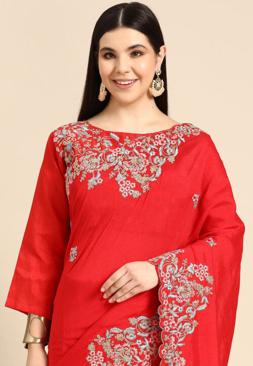 Embroidered Art Silk Saree in Red