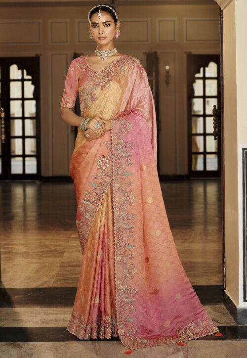 Embroidered Art Silk Saree in Shaded Peach