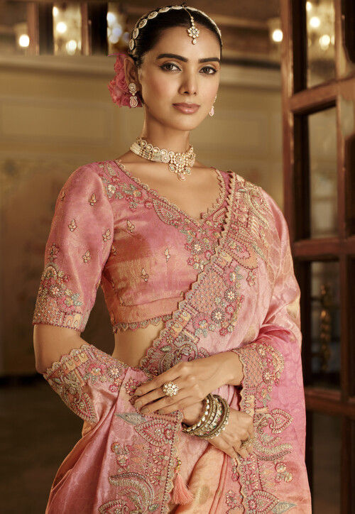 Embroidered Art Silk Saree in Shaded Peach