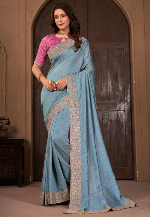 Embroidered Art Silk Saree in Sky Blue