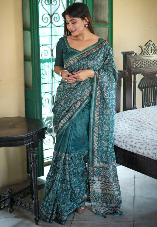 Embroidered Art Silk Saree in Teal Blue