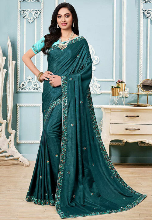 Embroidered Art Silk Saree in Teal Blue : SPFA10684