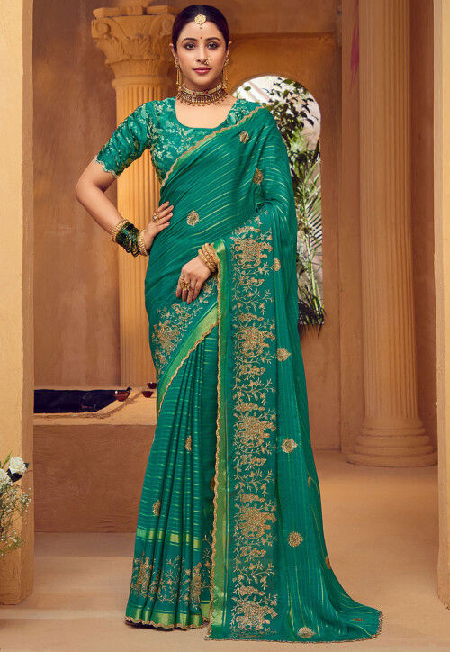 Embroidered Art Silk Saree in Teal Green