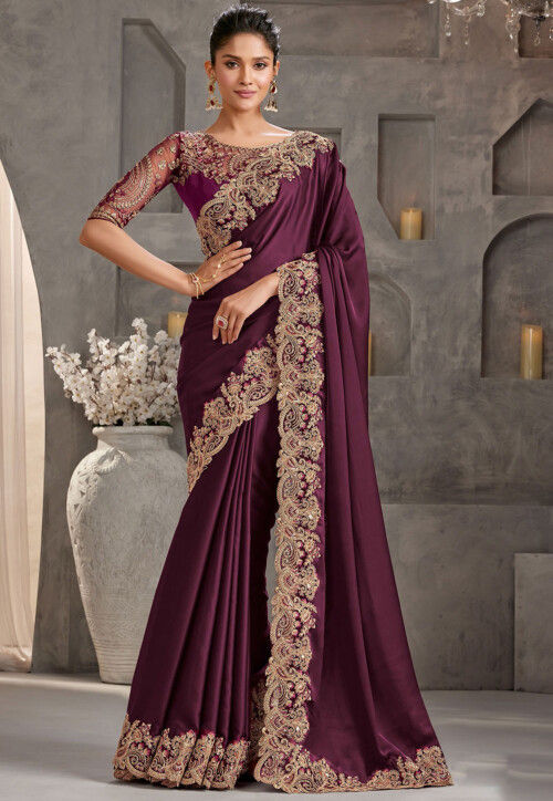 Embroidered Border Art Silk Saree in Wine