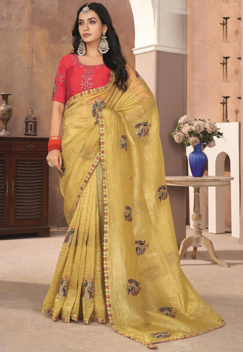 Embroidered Art Silk Saree in Yellow