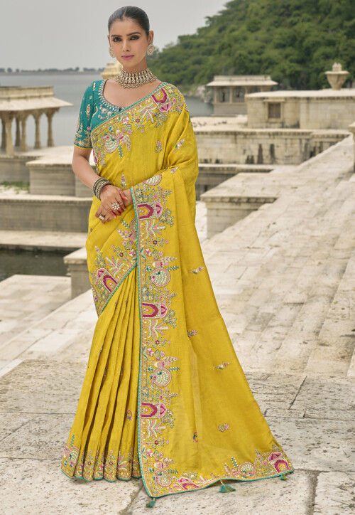Embroidered Art Silk Jacquard Saree in Yellow