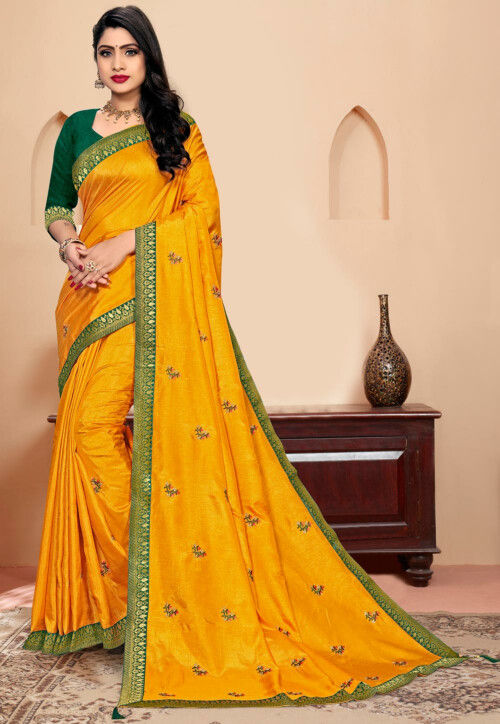 Yellow saree with violet border - Sri Kumaran Stores