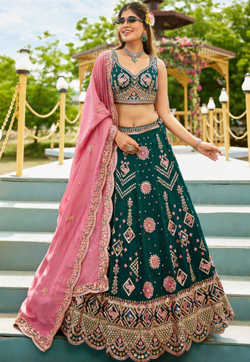 Embroidered Art Silk Scalloped Lehenga in Dark Green