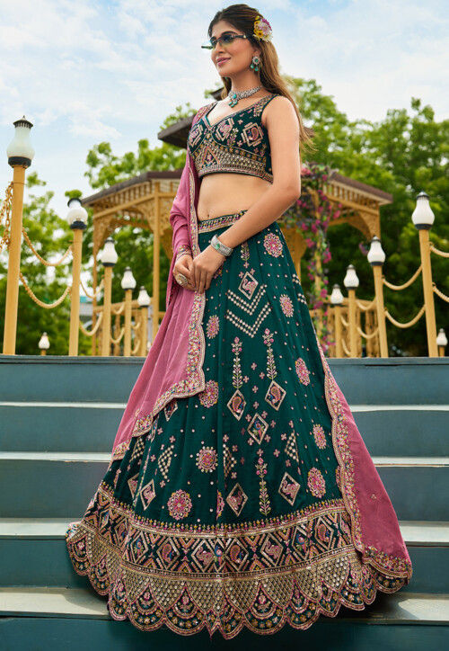 Embroidered Art Silk Scalloped Lehenga in Dark Green