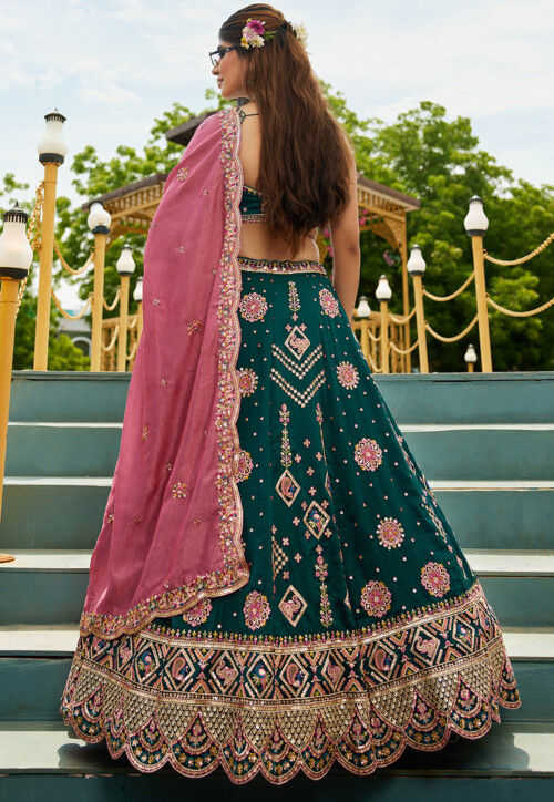 Embroidered Art Silk Scalloped Lehenga in Dark Green