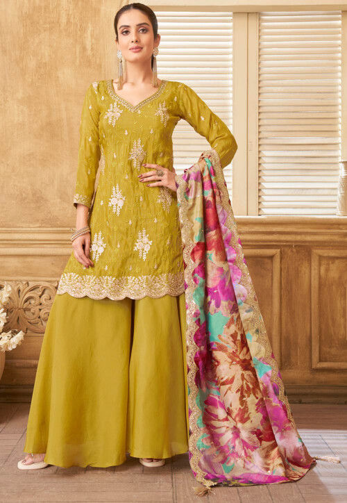 Embroidered Art Silk Scalloped Pakistani Suit in Mustard