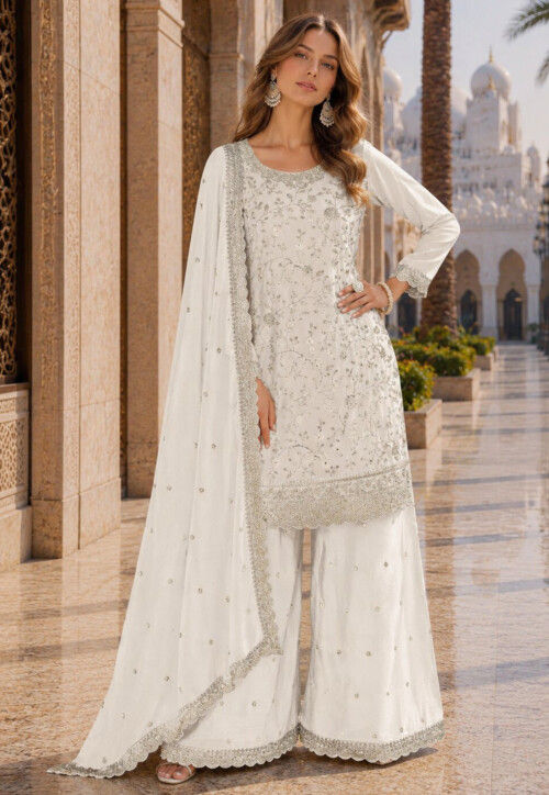 off white and gold pakistani dresses Buy Embroidered Art Silk Scalloped Suit in Online : KQT919 sku_335760