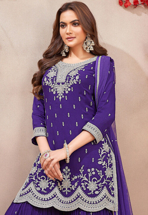 Embroidered Art Silk Scalloped Pakistani Suit in Purple