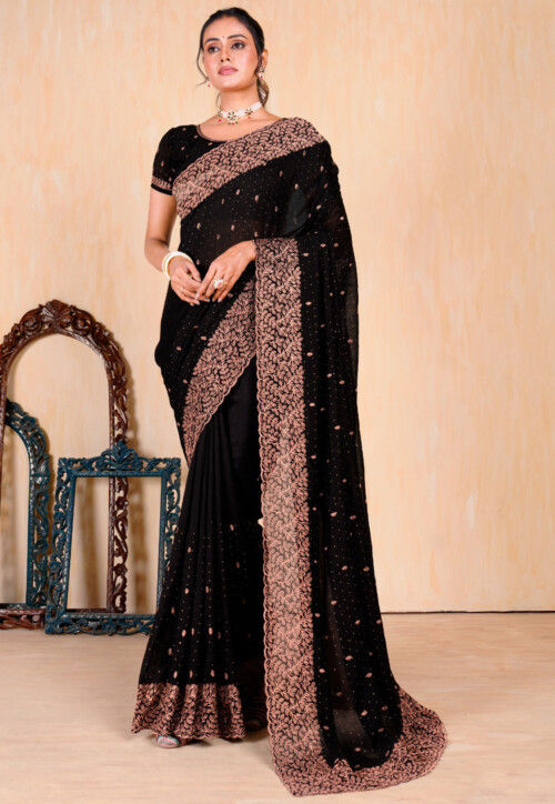 Embroidered Art Silk Scalloped Saree in Black