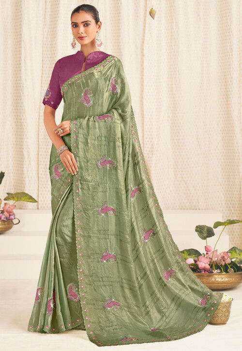 Embroidered Art Silk Scalloped Saree in Dusty Green