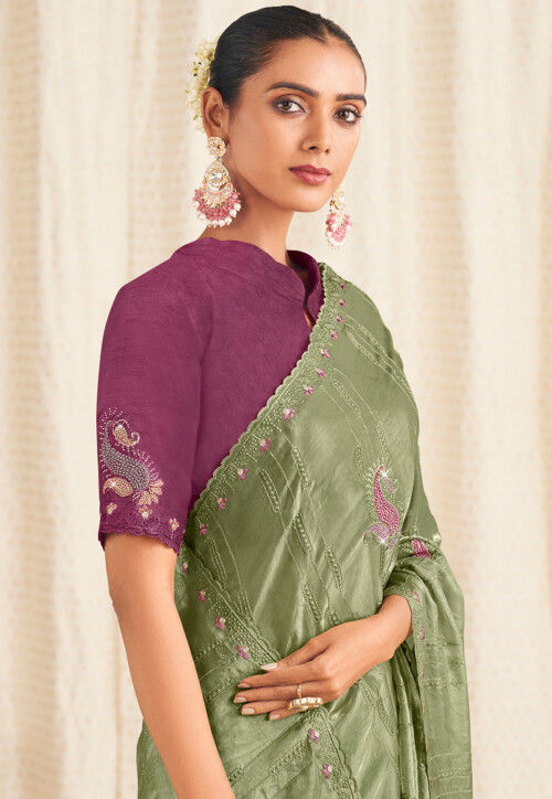 Embroidered Art Silk Scalloped Saree in Dusty Green